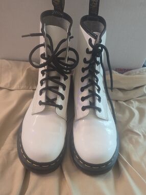 Worn Once These Dr. Martens White Patent Lace-Up Combat Boots with Black Laces